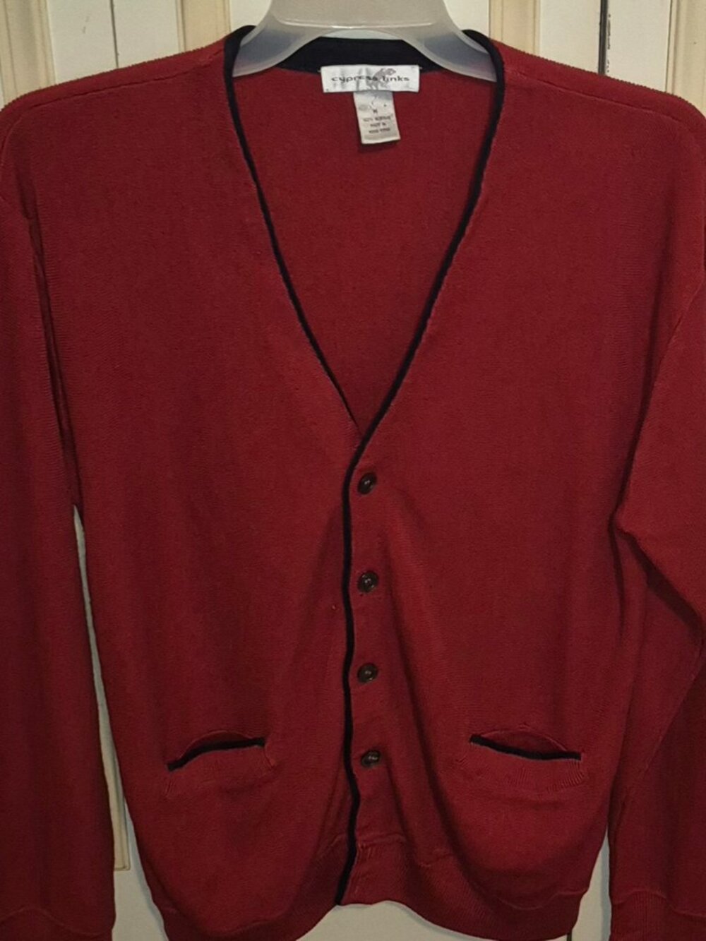 Cypress Links Button Up Cardigan Sweater Red Black Long Sleeves Pockets Men's M